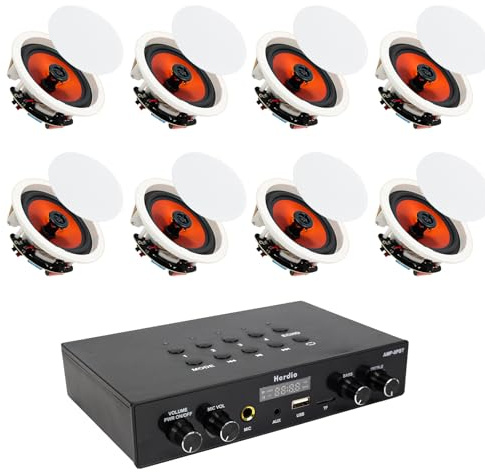 Herdio 6.5 Bluetooth Ceiling Speakers with 8-Channel 4-Zone Amplifier Set, Support Bluetooth 5.4 & Independent Power ON/Off Function for Home Theater, Multi-Room Audio System (8 Speakers)
