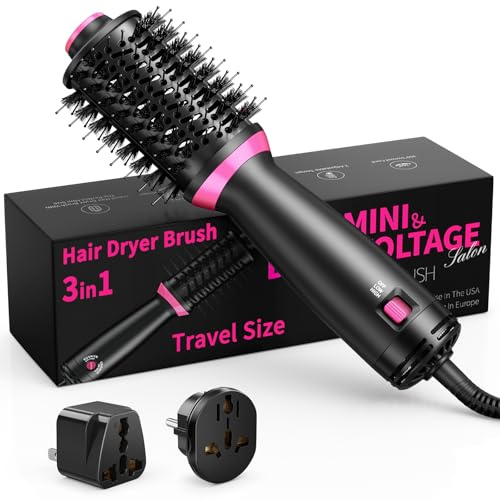 ONEWEST 3in1 Hair Dryer Brush, Dual Voltage Hot Brush, One-Step Ionic Hot Air Brush with Negative Ion,2 Speeds and 2 Adapters,Travel Hairdryer Brush for Drying Straightening Curling Volumizing,UK Plug