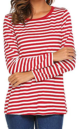 Camiseta Rayas Blancas y Rojas Manga Larga Mujer Camiseta de Manga Larga para Mujer, Blusa de Rayas, Cuello Redondo