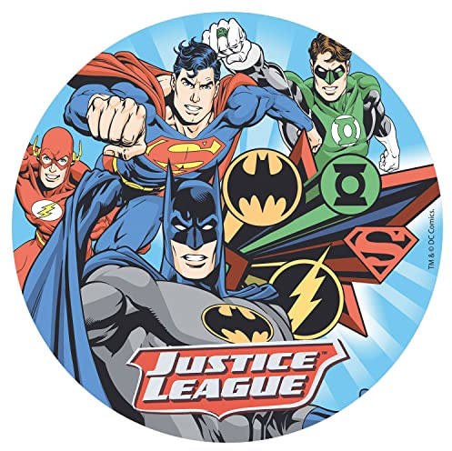 Dekora -Décoration Comestible Rond pour Gâteau d'Anniversaire pour Enfants en Feuille Azyme de la Ligue des Justiciers - 20 cm