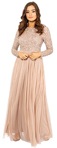 Maya Deluxe Women's Damen Kleid für Hochzeitsgast Übergröße Groß Reich Hohe Taille Pailletten Langarm Lang Abschlussball Abend Bridesmaid Dress, Taupe Blush, 48 EU