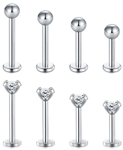 Vcmart 8pz Argento Labret Labbro Stud Bar Set 16G Acciaio Chirurgico Monroe Tragus Piercing Cartilagine 6/8/10mm