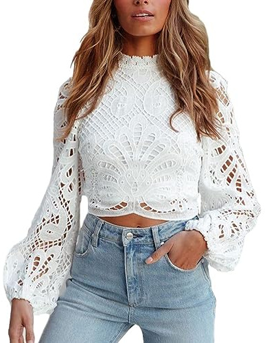 ORANDESIGNE Camicia in Pizzo Donna Autunno Camicia Elegante Collo Alto Shirt Pizzo a Manica Lunga Maglietta Formale Camicia Maniche a Sbuffo Casual Leggera Camicetta Lace Blusa E Bianco S
