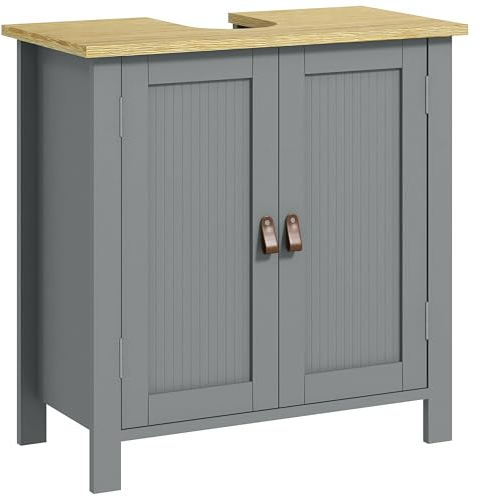 kleankin Meuble sous lavabo, Meuble de Salle de Bain sous lavabo, 2 Portes, étagère réglable, 2 étages à l'intérieure, poignées en PU, 60 x 30 x 60 cm, Gris