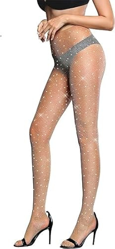 Bybyseno Sexy High Waist Sparkle Rhinestone Fishnet Party Tights Women, Glitter Fish Net Tights (UK, Alpha, One Size, Regular, Neutral)
