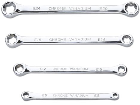 LEONTOOL 4Pcs E-Torx Wrench Set Star Wrench, Double Box End Wrenches | E6 E8 E10 E12 E14 E18 E20 E24, Extra Long Wrench, CR-V Steel, Double E-Ring Spanner Set Box Ended Wrenches, Car Repair Tool