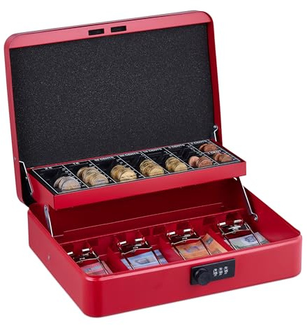 Relaxdays Caja Dinero, Combinación 3 Números, Bandeja para Monedas, Cajita Hierro, 8,5 x 30,5 x 25 cm, Rojo