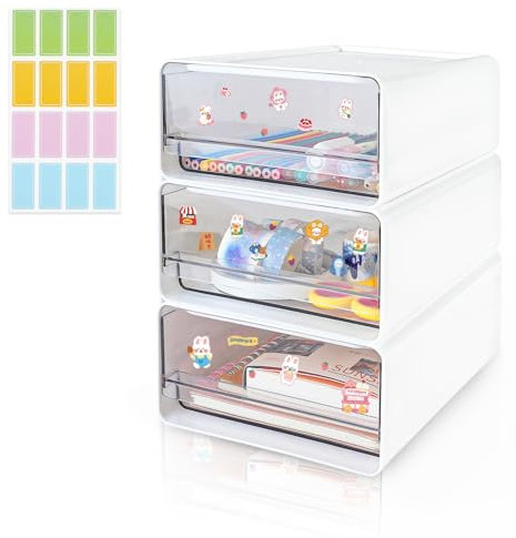 4 pezzi impilabili Scrivania Organize con 4 cassetti, cassettiera bianca trasparente con etichette, organizer da ufficio, scatola in plastica per trucco, casa, tavolo da toeletta (3 pezzi, bianco)