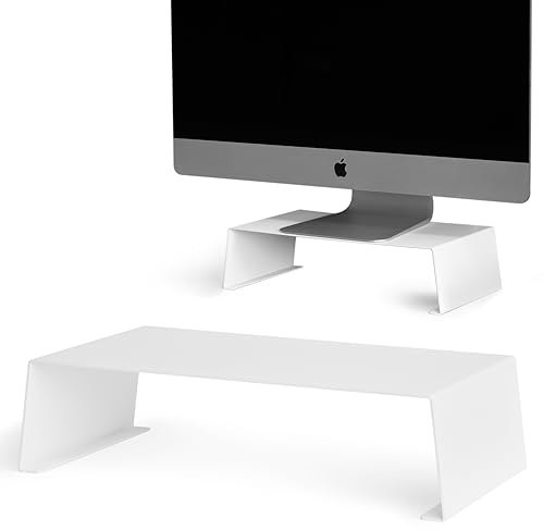 Supporto da scrivania per monitor, base in metallo, piattaforma rialzata per computer, computer, schermo, tavolo, ergonomia per ufficio, design elegante e moderno con mensole (bianco)