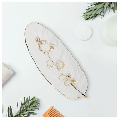 YoHyien Ceramic Trinket Dish, Feather Shaped Jewellery Dish, Decorative Ring Dish, Trinket Tray for Necklace, Bracelet, Earrings, Jewelry Dish Gifts for Women, Nana, Mother, Daughter (White)