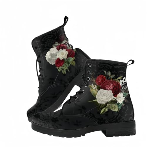 Botas Cortas Estampadas para Mujer Otoño e Invierno Botas de Combate con Cordones Botas de Tobillo Calavera Rosa Dibujos Animados Regalos para niñas Mujeres