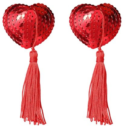 TIESOME Nippelpasten, Pailletten nippelpads mit Quaste, Selbstklebende und Wiederverwendbare Brustwarzenabdeckung, Herzförmige Nipple Cover für Frauen, Sexy Nippelpads für Burlesque, Pole Dance Party