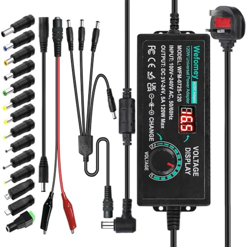 Universal Power Supply 3V~24V 5A 120W Adjustable Variable 3V 5V 9V 12V 18V 20V 24V AC/DC Adapter Charger, 100V-240V AC to DC Converter with 14 Tips, Polarity Converter and 4-Way Power Splitter Cable