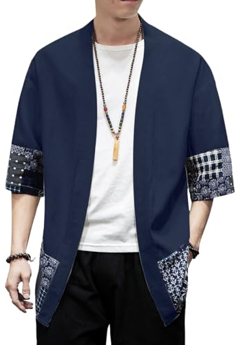 Mens Kimono Cardigan Cotton Linen Japanese Kimono Jacket 3/4 Sleeve Haori