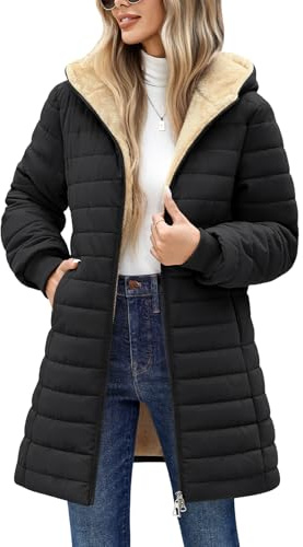Tuopuda Chaqueta Acolchada Ligera con Forro Sherpa Larga Chaqueta con Capucha para Mujer Chaqueta de Resistente al Viento para Invierno, Negro, XL