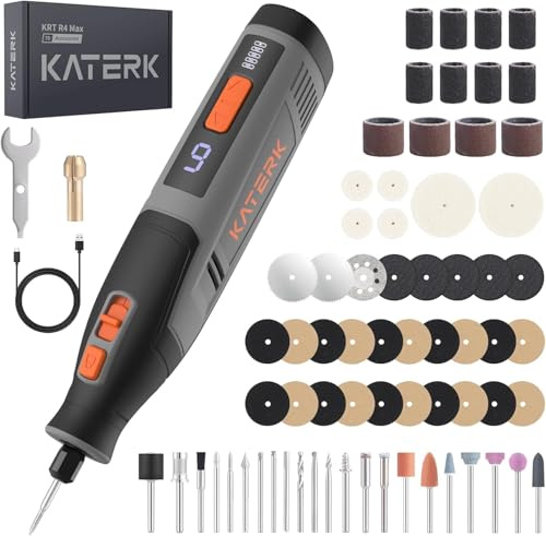 Katerk Kit di Utensile Multifunzione, Utensile Rotante a 6 Marce, 28000 giri/min, 4000mAh, Strumenti Multifunzione con Luce LED e 70 Accessori per Foratura, Fresatura, Incisione, Lucidatura - Grigio