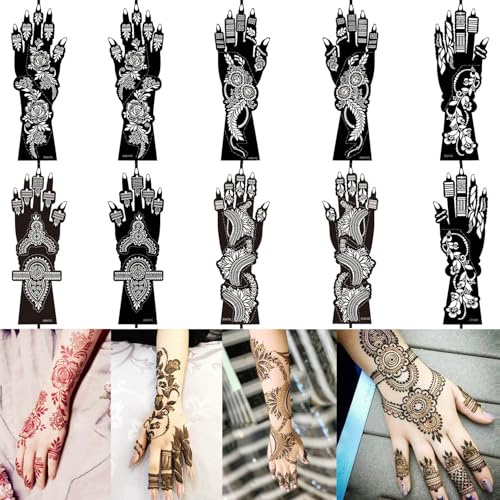 XMASIR 10 morceaux de modèle de tatouage temporaire, grand avant-bras tatouage modèle de mains faux tatouages arabes de l'Inde pour les femmes pour mariages et fêtes