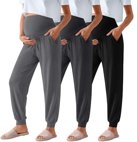 Sweetyweee 3 Pack Women's Maternity Pants Over Belly Maternity Casual Pants Loose Drawstring Pregnancy Joggers with Pockets(Black, Light Heather Gray, Dark Heather Gray,Large)