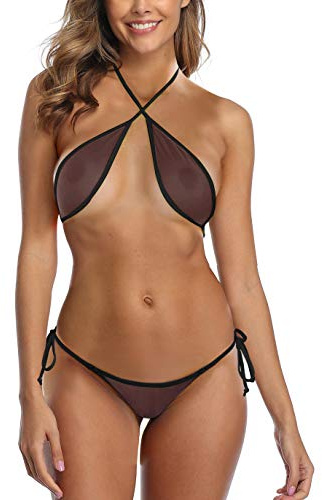 SHERRYLO - Bikini a Rete Sheer Mini Micro Bikinis See Thru Wrap Around Top Brasiliano G String Perizoma Inferiore Skimpy Costumi da Bagno - Nero - Taglia Unica