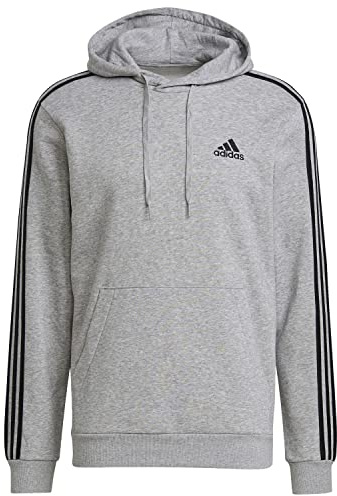adidas Homme Essentials Fleece 3-Stripes Hoodie, Medium Grey Heather / Black, L