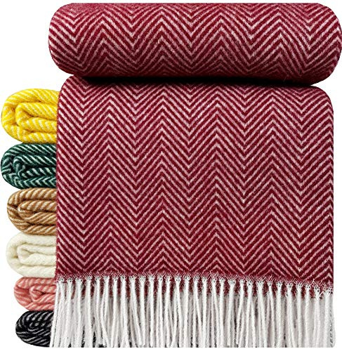 STTS International Wolldecke 100% Schurwolle Wohndecke 140 x 200 cm Tagesdecke Schurwolldecke Woll-Plaid Tirol in vielen Farben erhältlich (Dunkelrot (D-M)