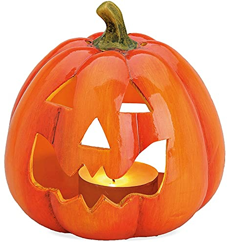 Decorazione di Halloween a Forma di Zucca in Ceramica - Lanterna LED per Interni ed Esterni - 17 x 14 cm