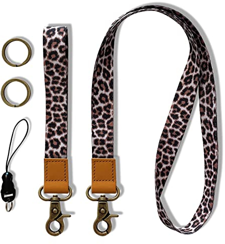 Puedno Schlüsselband,Leopardenmuster Umhängeband Universal mit 2 Metallringen,Lanyard Umhängeband und Schlüsselbänder Wristlet Lang und Kurz 2-Teiliges Set für Handy Schlüssel Arbeitskarte Unisex