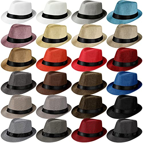 Mepase 24 Pack Fedora Hats Bulk 1920s Unisex Houndstooth Short Brim Straw Hat Trilby Hats, Seasonal Panama Hat, 24 Colors