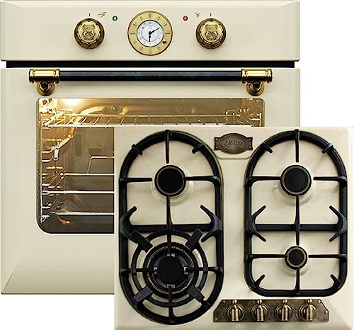 Kaiser spis set automatisk inbyggd ugn EH 6432 ElfBE Eco+KG 6325 ElfEm, retro inbyggd ugn el, roterande spett, 10 funktioner retro installation gasspis, 60 cm, emaljerad elfenben