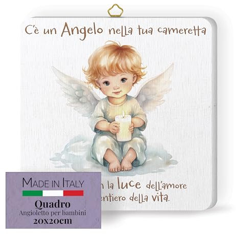 FRATELLI BONELLA - Quadro Angioletto con Candela per Bambini - Quadro in Legno 19x19 cm con Scatola Regalo - 100% Made in Italy