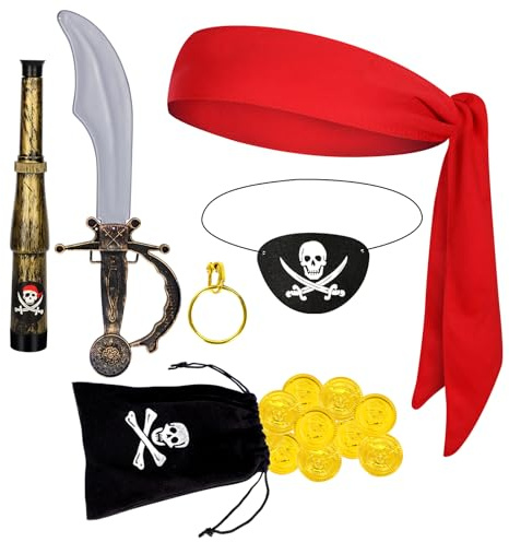 Spinosaurus 7 Pcs Pirate Accessories for Adult Kids,Pirate Bandana Eye Patch Telescopes Earring Wallet with Gold Coins for Halloween Dress Up