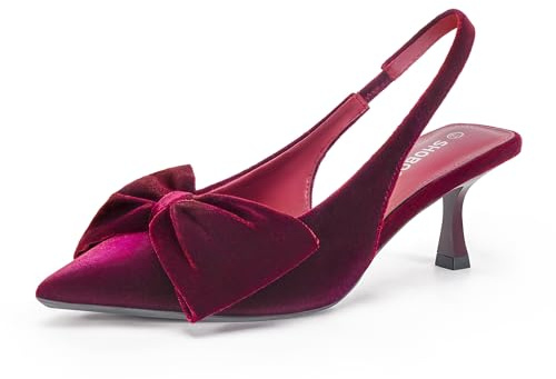 Women's Bow Slingback Heels Pointed Toe Kitten Pumps Dress Shoes with Elastic Strap - 2.4'' Inches Height Burgundy