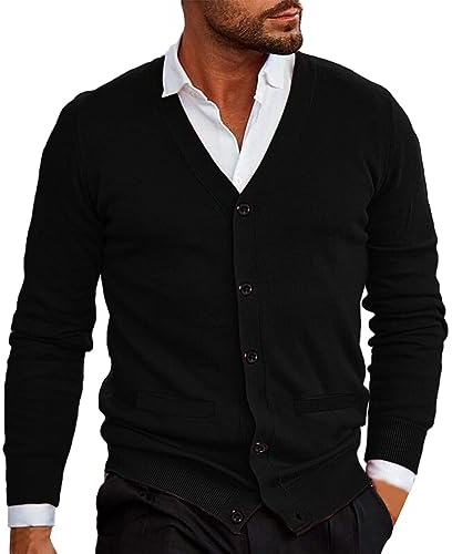 Cárdigan para hombre con cuello en V, suéter elástico de manga larga con botones, elegante, ajustado, ligero, suéter y cárdigan para hombre con bolsillos abiertos en la parte delantera, Negro , S