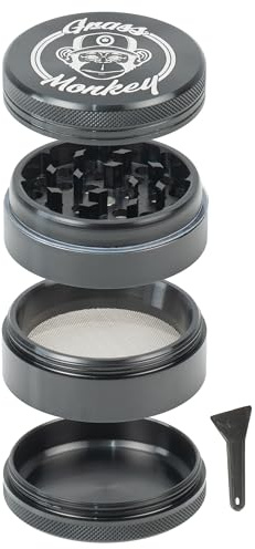 Grass Monkey Grinder in alluminio – 4 pezzi, Ø 5,5 cm – Robusto macinino per erbe con denti affilati e colino per polline, inclusa pala, nero
