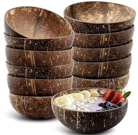 YFNVH Set di 12 ciotole in cocco naturale, 450 ml, in guscio di cocco lucido, per frullati, Acai, insalate e cereali, ciotole da portata in legno fatte a mano per cucina, picnic e regali vegani