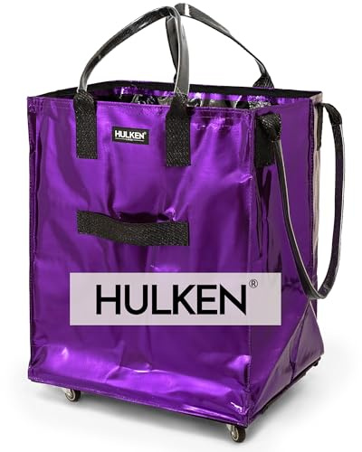 HULKEN - (Grand, Ultraviolet) Sac à provisions réutilisable sur roulettes, chariot de courses, fourre-tout roulant, fermeture à glissière, léger, capacité de charge jusqu’à 30 kg, se replie à plat