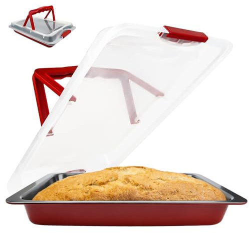 RUNEAY Backblech mit Deckel, Rechteckige Kuchenform, Backform mit Abdeckung, Kuchen Transportbox Antihaftbeschichteter Kuchenträger für den Transport zu Partys, Versammlungen und Picknicks