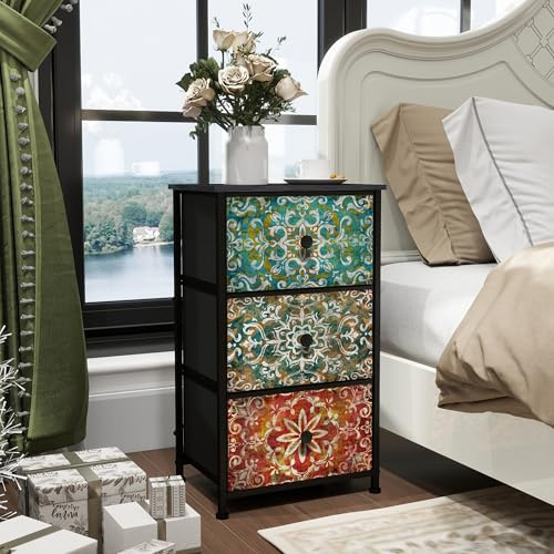 Welfuturer Chest of Drawers Bedroom with 3 Fabric Drawers Bohemian Print, Small Storage Unit Nightstand End Table with Wood Top Metal Frame for Bedroom Living Room Entryway