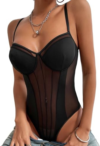 IBAKOM Women's Sexy Cami Bodysuit Leotard Mesh Sculpting Shapewear Patchwork Thong Top with Adjustable Straps Tummy Control Body Shaper Black L