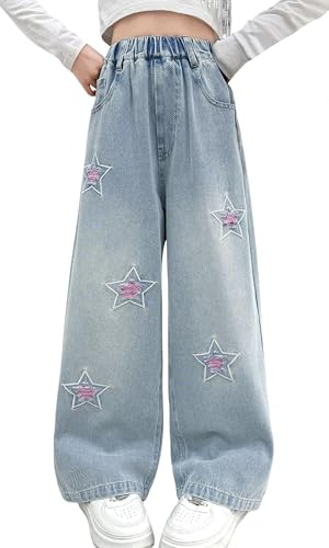 NEAWEALY Girls Ripped Jeans Star Jeans Kids Wide Leg Denim Pants Baggy Y2K Vintage Streetwear 9-10 Years