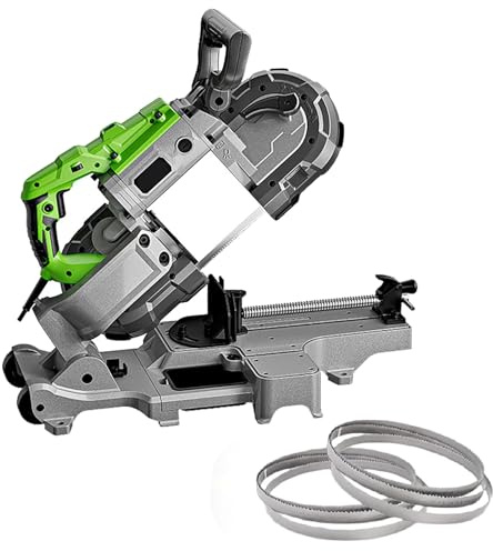 1100W Band Saw for Metal Wood, Portable Band Cutter with 2 Saw Blade，6-Speed Adjustment Handheld Portable Metal Cutting Band Tool, LED Light, Suitable for Solid Steel and Angle Iron(with a Base)