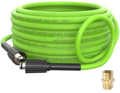 APOWER Kink Resistant Pressure Washer Hose 50 FT x 1/4, Super Flexible Power Washer Hose, High Pressure Water Hose Extension Replacement for Home Use with M22-14mm Brass Fittings, 3700 PSI, Green