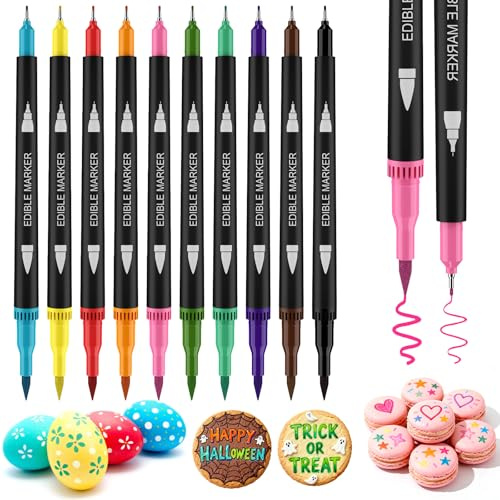 Food Colouring Pen, 10pcs Edible Markers Icing Pens Double Side Food Grade Edible Pens with Fine&Thick Tip for Cakes,Cookies,Fondant,Frosting,Easter Eggs,Desserts Decor
