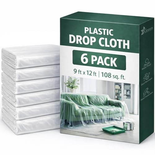 GREEN LIFESTYLE Plastic Drop Cloths for Painting 12 x 9 ft [6 Pack] – Waterproof Paint Drop Cloth, Plastic Sheets Floor Cover, Disposable Tarp for Furniture Protection, Remodeling and Moving