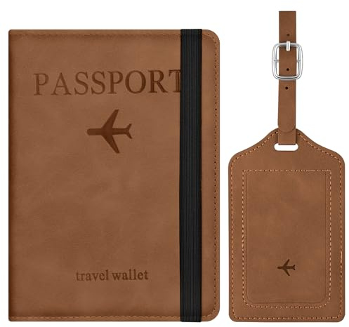 APXEL Protege Passeport en Cuir PU, 2 Pcs Étui Passeport avec Etiquette Valise, Porte-Passeport Housse avec Blindage RFID, Hommes et Femmes pour Carte de Crédit et Carte D'identité, Marron