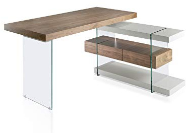 Ángel Cerdá - Mesa Escritorio de Madera Nogal y Cristal Templado - Escritorio Oficina Moderno con Cajones Soft-Closing - Escritorio Trabajo con Baldas en Gris Perla - 140 x 127 x 75 cm