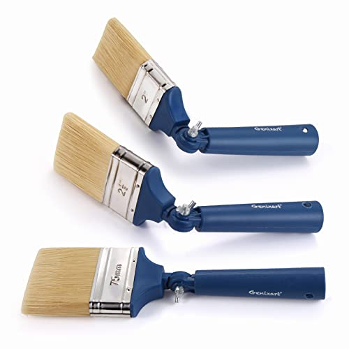 Genixart Extendable Paint Brushes for Walls & Ceiling - Long Handle Wood Stain Brush for Fence - Multi Angle Adjustable Masonry PaintBrushes for Varnish & Limewash (3 Pack, Big Sizes)