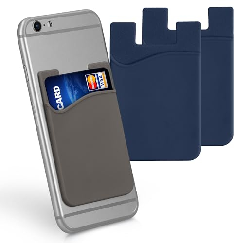 kwmobile 3X Tarjetero para móvil - Funda para Tarjetas de Silicona - Tarjetero para Pegar en la Parte Trasera - Azul Marino/Azul Marino/Gris
