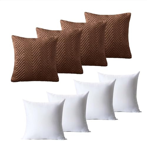 BedLooms Cushions with Covers Included 45 x 45 cm Set of 8 (4 Coffee Cushion Covers, 4 Cushion Inserts) Ultrasonic Square Throw Pillow Cases Decorative Sofa Cushion with Invisible Zipper