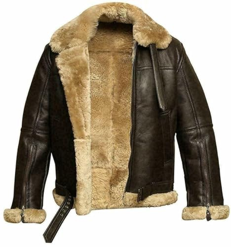 CHAYELL Chaqueta de invierno para hombre B3 de piel de oveja auténtica de aviador de piel de oveja marrón WW2